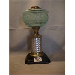 BLUE FONT, METAL STEM COMPOSITION LAMP, 11 1/2"C, 1870 CIRCA 