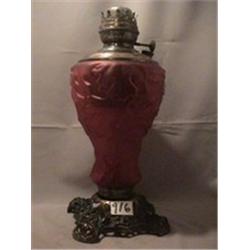 RED SATIN OAK LEAF LAMP, 15 3/4"F, 1890 CIRCA 