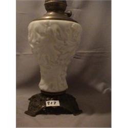 MILK GLASS OAK LEAF LAMP, 15 3/4"F, 1890 CIRCA 
