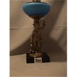 SOLDIER/RABBIT FIGURE BLUE FONT LAMP, 12 1/2"C, 1880 CIRCA 