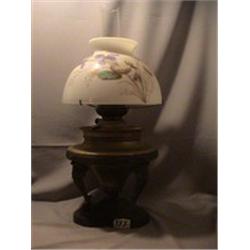 3 LEG METAL LAMP, IRIS SHADE, 22", 1890 CIRCA 