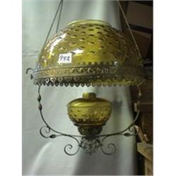 YELLOW HANGING LAMP/CROCK IN SHADE, 1890 CIRCA