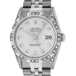 Rolex Mens Stainless Steel Silver Diamond Lugs & Pyramid Bezel Datejust Wristwat