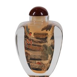 Large, Vintage Chinese Reverse Painted Snuff Bottle "Chinese Village Scenes"