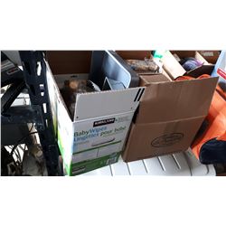 2 BOXES OF PANS, ROASTING PAN, AND BAKING TRAYS