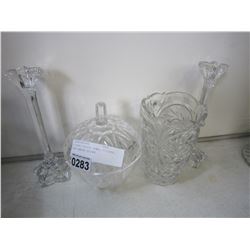 LIDDED CRYSTAL BOWL, PITCHER, AND CANDLE STICKS