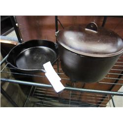 MCCLARYS NUMBER 8 CAST IRON FRYING PAN AND NUMBER 8 CAST IRON COVERED DUTCH OVEN BSR