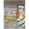 Image 1 : ROSEVILLE VASE AND GLASS VASE W/ SILVER IN LAY AND 2 WOVEN BASKETS