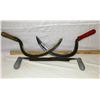 Image 1 : GR OF 3, VINTAGE SICKLE KNIVES AND HAND FORGED DRAW KNIFE.