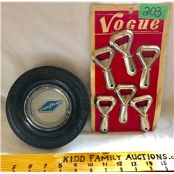 GR OF 2, VOGUE BOTTLE OPENER DISPLAY & GOOD-YEAR TIRE ASHTRAY