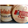 Image 2 : GR OF 2, POTATO CHIP CONTAINERS. THE CHIP KING - TIN. HUMPTY DUMPTY - CARBOARD.
