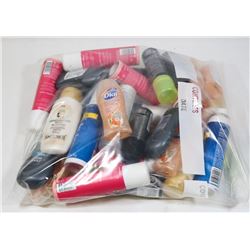 BAG OF TRAVEL SIZE SKIN CARE PRODUCTS.