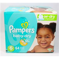 BOX OF 64 PAMPERS BABY DRY SIZE 6 DIAPERS.