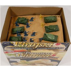 BOX OF NEW PLASTIC TOY SOLDIERS AND TANKS.