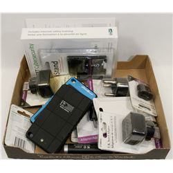 BOX OF NEW TRAVEL ADAPTERS, AND MORE