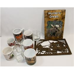 LOT OF COFFEE MUGS, GLASSES AND WOODEN TRIVETS.