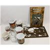 Image 1 : LOT OF COFFEE MUGS, GLASSES AND WOODEN TRIVETS.