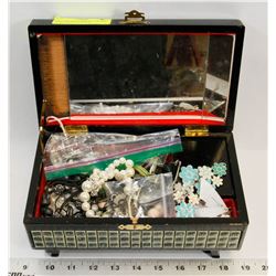 VINTAGE JEWELRY BOX FILLED WITH EARRINGS, BEADS