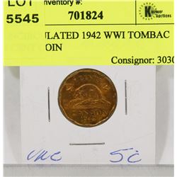 UNCIRCULATED 1942 WWI TOMBAC 5 CENT COIN