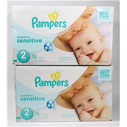 TWO BOXES OF PAMPERS SWADDLERS SENSITIVE SIZE 2