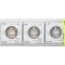 LOT OF 3 CANADIAN 1962 SILVER 50 CENT COINS.