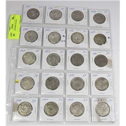 LOT OF 20 CANADIAN 50 CENT COINS.
