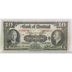 BANK OF MONTREAL 1935 TEN DOLLAR BANKNOTE.