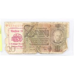 1929 GERMAN NAZI TOTENKOPFT WAFFEN SS 20 MARK