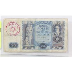 POLISH WWII BANK NOTE JEWISH GHETTO WARSCHAU 20