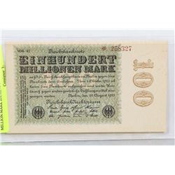 1923 GERMAN UNCIRCULATED 100 MILLION MARK BANKNOTE