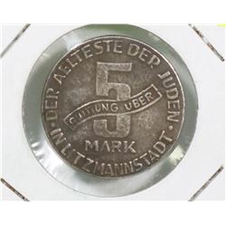 1943 JEWISH GETTO LITZMANNSTADT 5 MARK COIN.