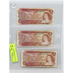 LOT OF THREE 1974 CANADIAN $2 BILLS
