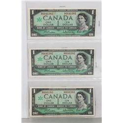 THREE CANADIAN 1967 SEQUENTIAL BANKNOTES.