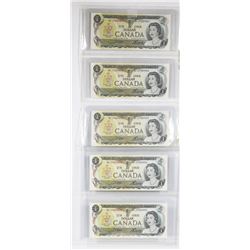 FIVE CANADIAN 1973 UNC SEQUENTIAL BANKNOTES.