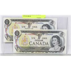 GEM UNC CONSECUTIVE S/N PAIR 1973 $1 BILLS