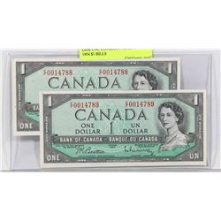 GEM UNC CONSECUTIVE S/N PAIR 1954 $1 BILLS