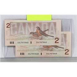 GEM UNC CONSECUTIVE S/N PAIR 1986 $2 BILLS