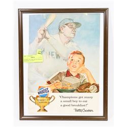 FRAMED 1961 BABE RUTH YANKEES WHEATIES  AD 10X13