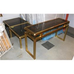 3PC GLASS & BRASS LIVING ROOM TABLE SET INCL