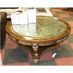 ORNATE ROUND GLASS TOP TABLE. 48"X48"X22"