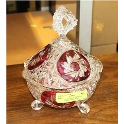3 FOOTED CRANBERRY CRYSTAL LIDDED CANDY DISH WITH