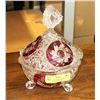 Image 1 : 3 FOOTED CRANBERRY CRYSTAL LIDDED CANDY DISH WITH
