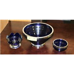 GROUP OF 3 BLUE GLASS WITH METAL TRIM BOWLS.