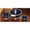 Image 1 : GROUP OF 3 BLUE GLASS WITH METAL TRIM BOWLS.