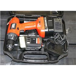 BLACK & DECKER ORANGE POWER DRILL, CHARGER & 2
