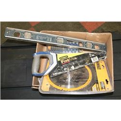 BOX WITH 10" SAW BLADES PAN SAW, LEVEL AND MORE.