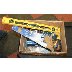 BOX OF ASSORTED INCLUDING SAW, SAW BLADES AND