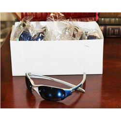 BOX OF OAKLEY STYLE SILVER AND BLUE DESIGNER