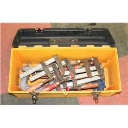 YELLOW TOOL BOX WITH 4 C CLAMPS AND 4 PAIRS OF