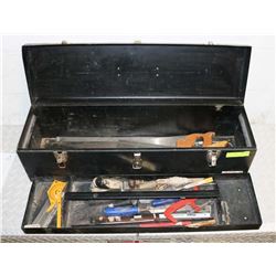 BLACK METAL TOOL BOX WITH WOOD WORKING TOOLS AND